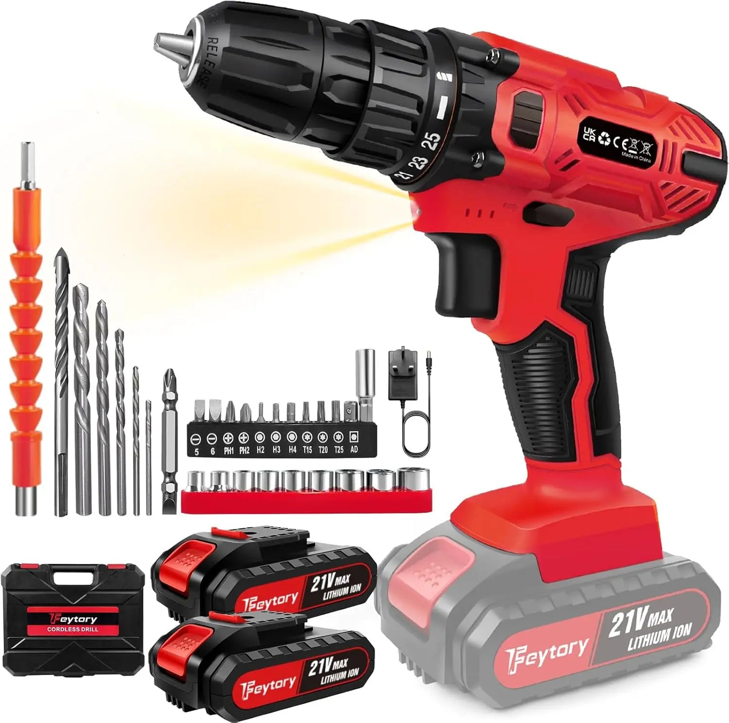 21V Cordless Drill Kit | 45Nm | 29-Piece Set | LED Light | Home DIY