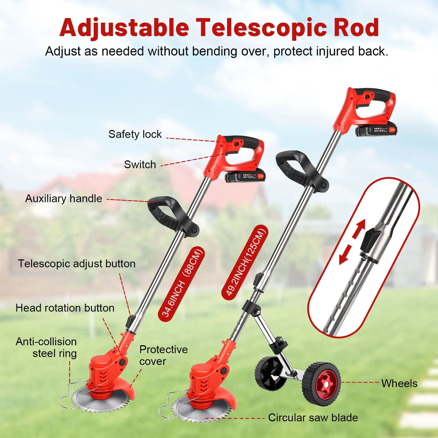 Cordless Garden Strimmer | Adjustable Wheeled Grass Cutter | 2 Batteries