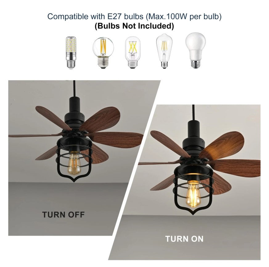 Vintage Style Ceiling Fan with Light E27 Remote Control Black 52cm