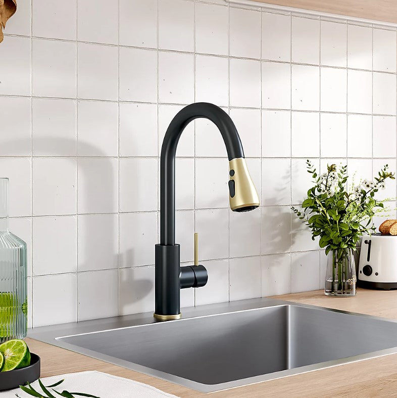 Modern Pull-Down Kitchen Tap | Dual Spray Brass Mixer | Black & Gold Faucet