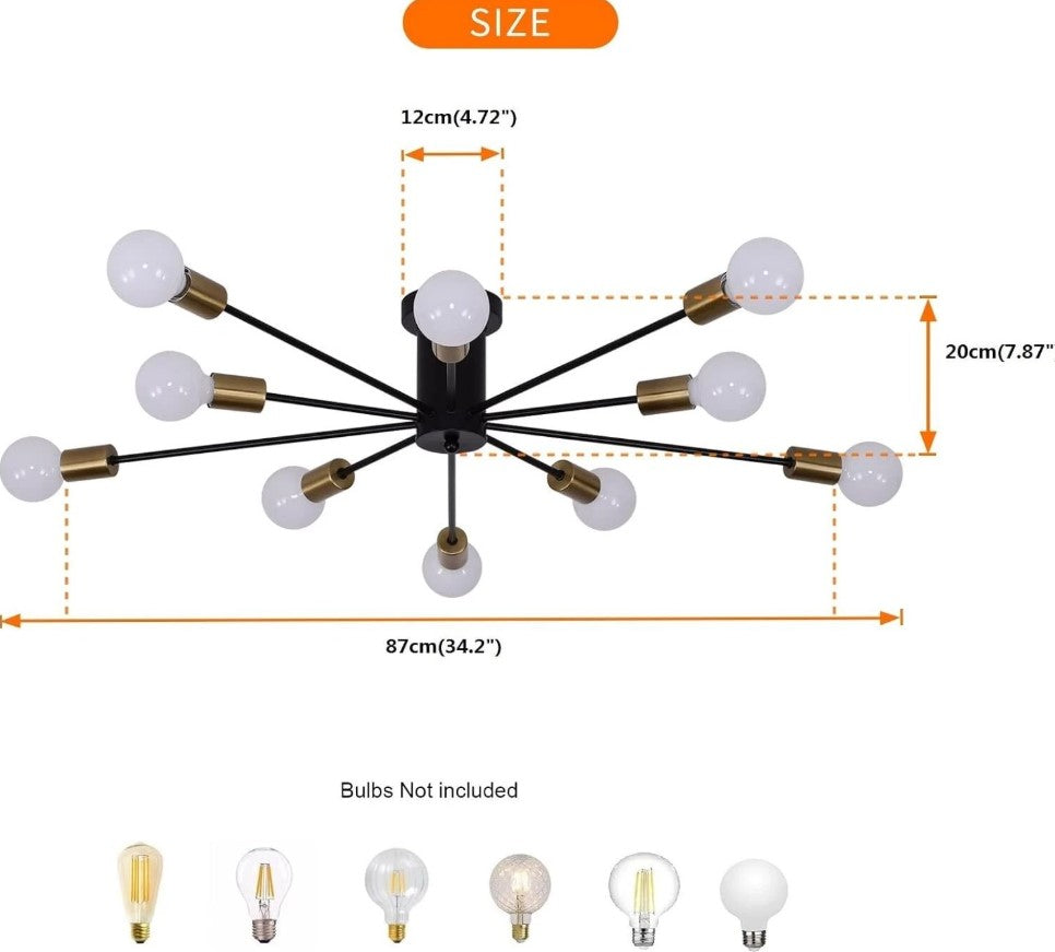Industrial Ceiling Light Mid Century Sputnik Chandelier 10 Lights Black/Black and Gold 87cm