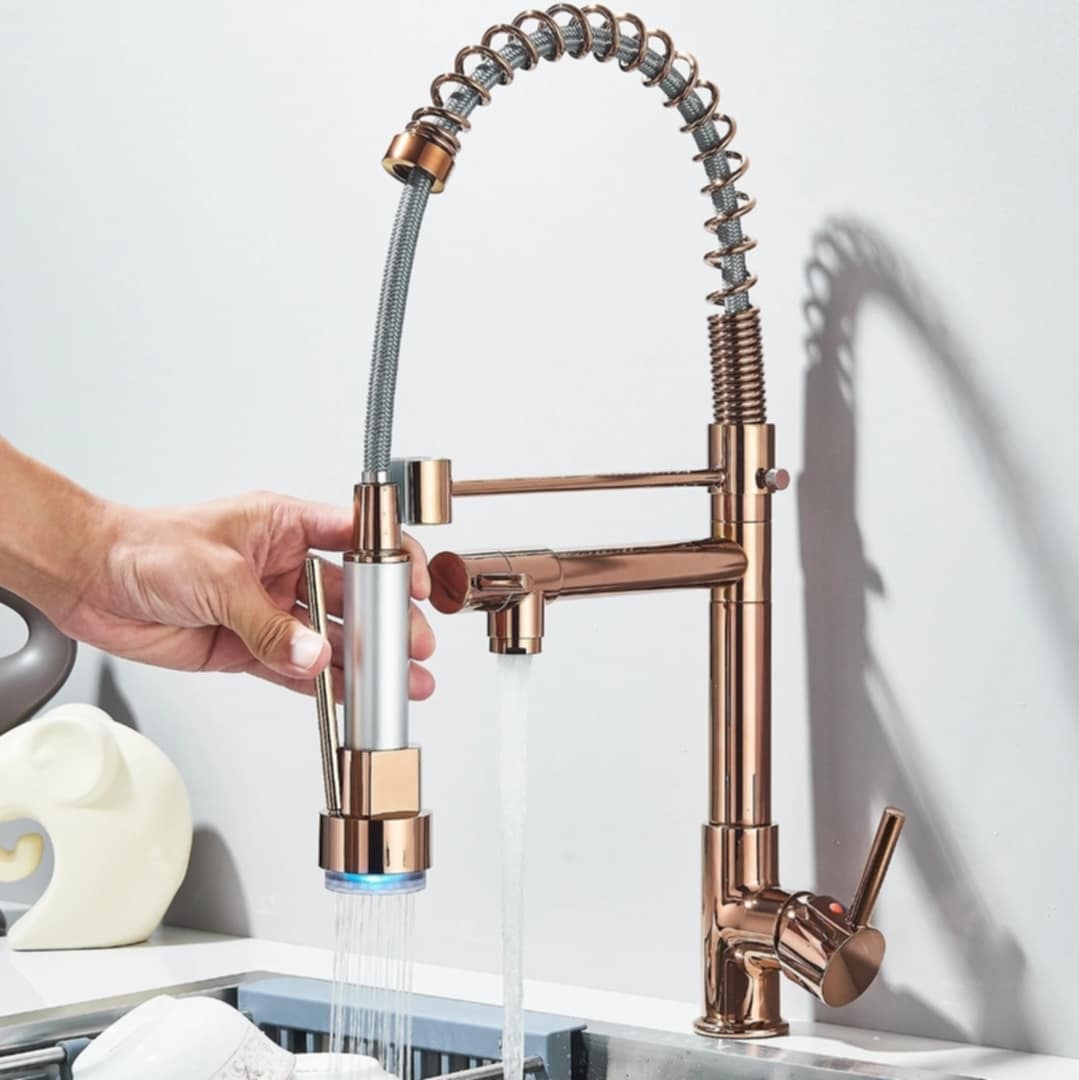 Rose Gold Spring Kitchen Tap | Pull-Down Dual Outlet Brass Mixer Faucet