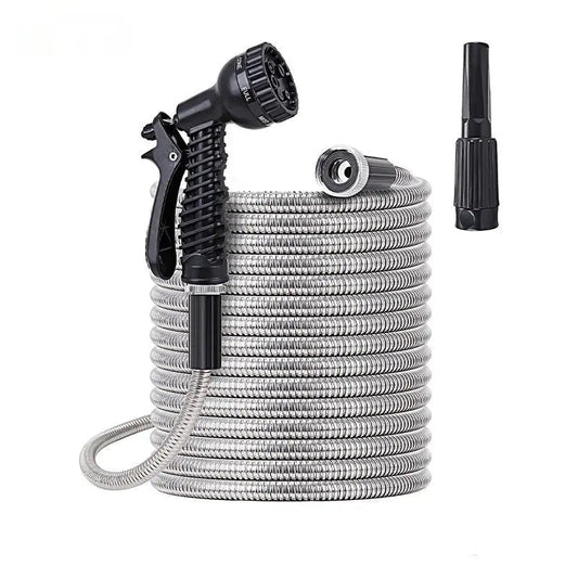 Flexible Stainless Steel Garden Hose with 10-Pattern Spray Nozzles