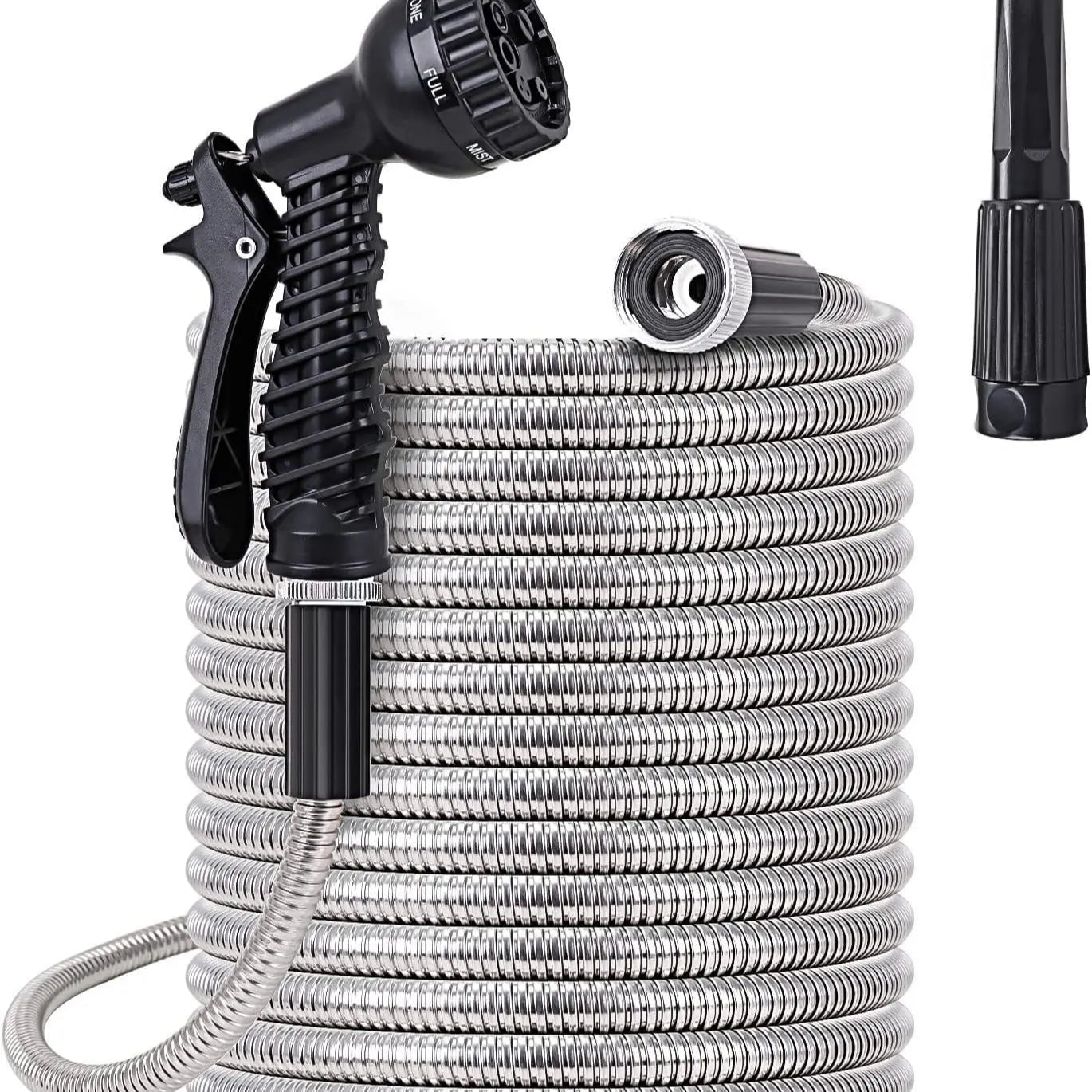 Flexible Stainless Steel Garden Hose with 10-Pattern Spray Nozzles