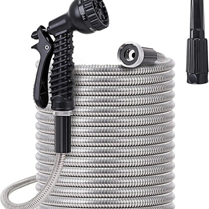 Flexible Stainless Steel Garden Hose with 10-Pattern Spray Nozzles