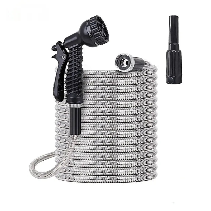 Flexible Stainless Steel Garden Hose with 10-Pattern Spray Nozzles
