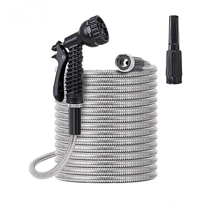 Flexible Stainless Steel Garden Hose with 10-Pattern Spray Nozzles