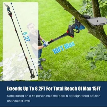 2-in-1 Cordless Pole Saw & Adjustable Length Chainsaw with Auto Oiler Safety Switch For Wood Cutting - 2Pcs 21V 3.0Ah Batteries Included