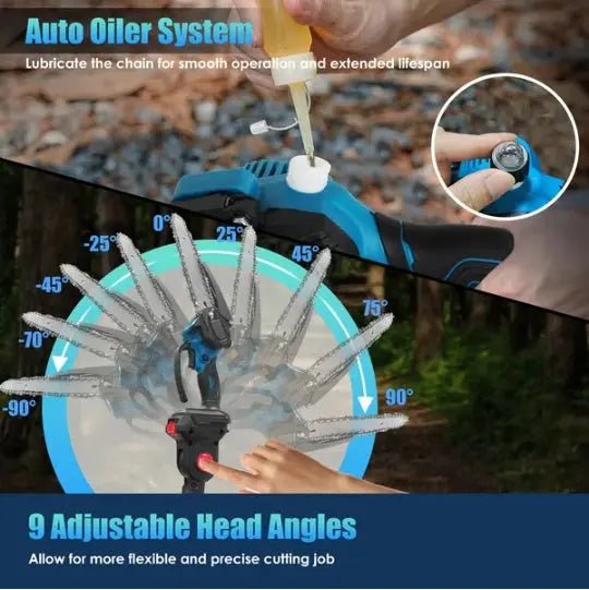 2-in-1 Cordless Pole Saw & Adjustable Length Chainsaw with Auto Oiler Safety Switch For Wood Cutting - 2Pcs 21V 3.0Ah Batteries Included