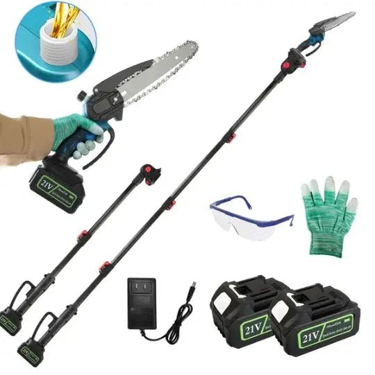 2-in-1 Cordless Pole Saw & Adjustable Length Chainsaw with Auto Oiler Safety Switch For Wood Cutting - 2Pcs 21V 3.0Ah Batteries Included