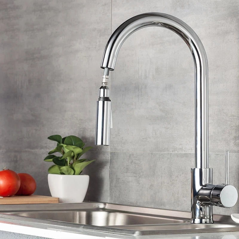 Kitchen Tap Chrome Finish Swivel Kitchen Faucet Pull Out Sprayer Mixer Tap