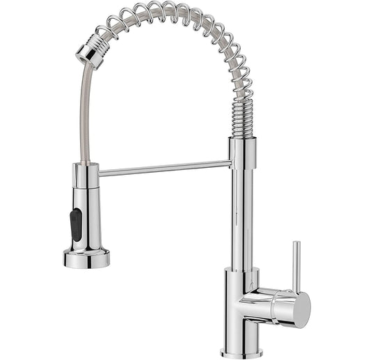Industrial Spring Kitchen Tap | Pull-Down Spray Mixer | Chrome High-Arc Faucet
