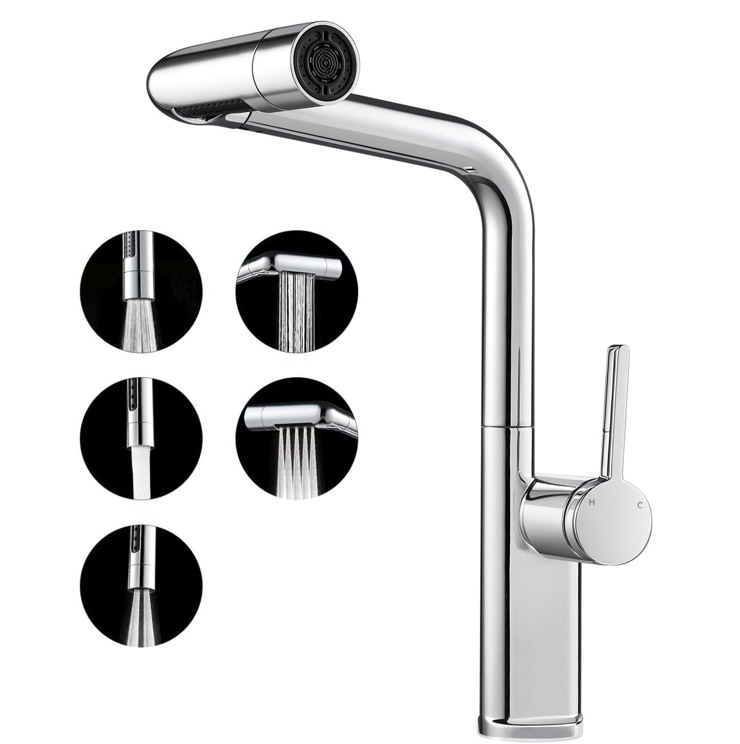 Modern 5-Mode Kitchen Tap | Brass Pull-Down Mixer | Chrome & Brushed Nickel