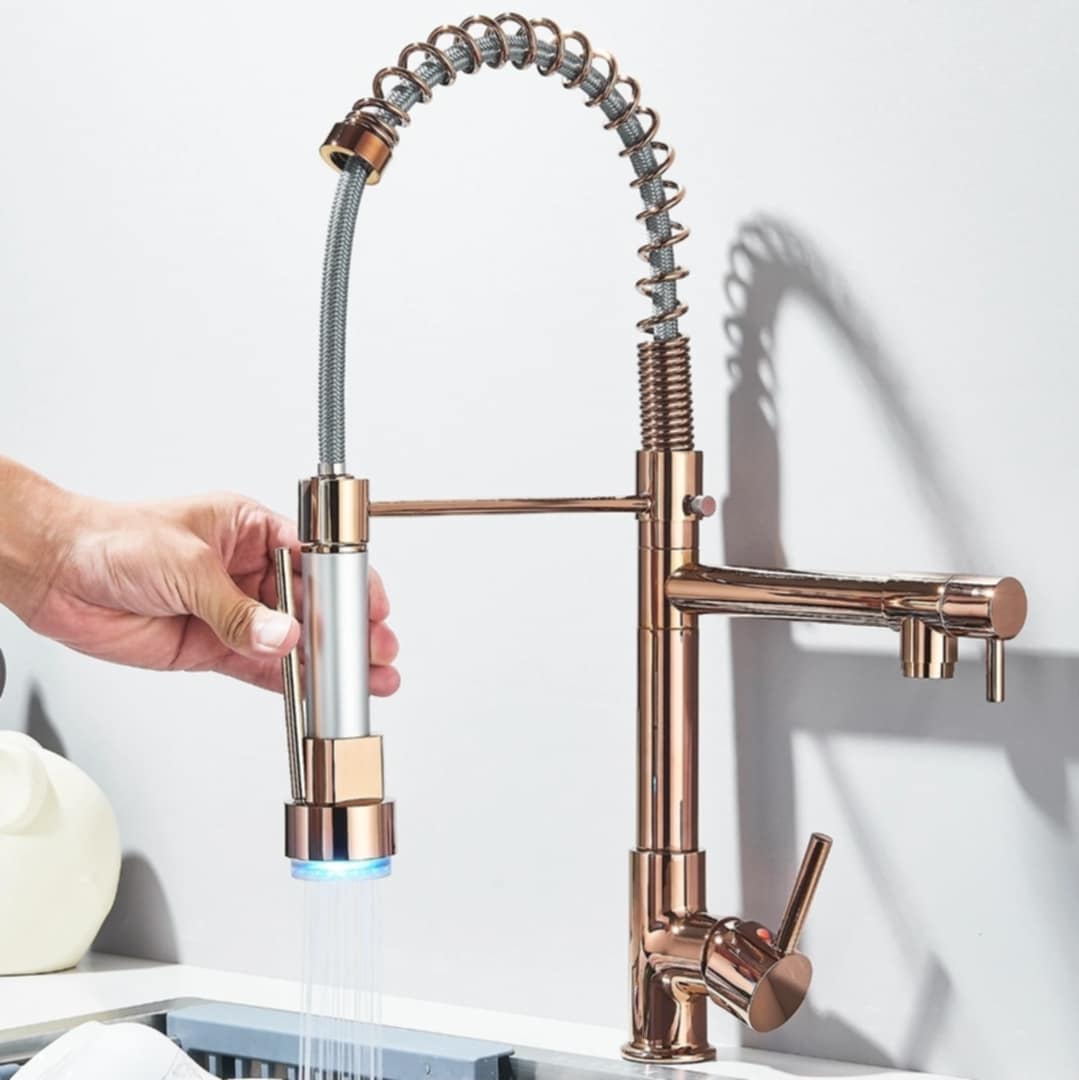 Rose Gold Spring Kitchen Tap | Pull-Down Dual Outlet Brass Mixer Faucet