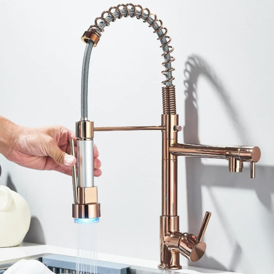 Rose Gold Spring Kitchen Tap | Pull-Down Dual Outlet Brass Mixer Faucet