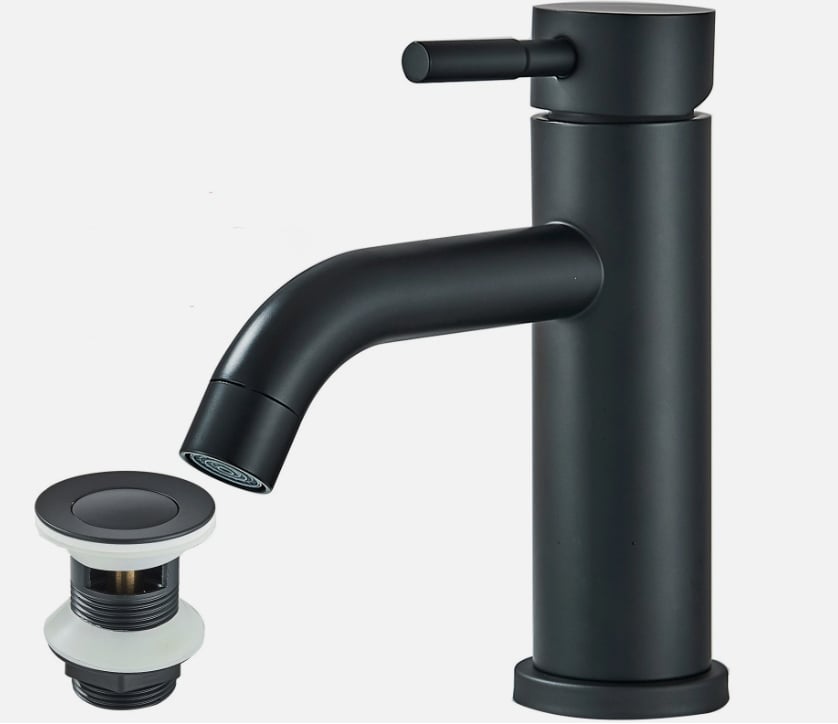 Round Matte Black Basin Tap | Single Lever Brass Mono Mixer | Waste Included