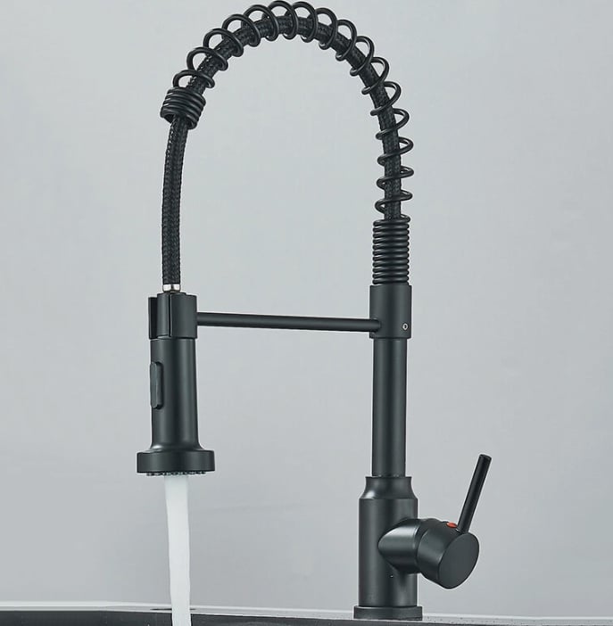 Black Spring Kitchen Tap | High-Arc Pull-Down Brass Mixer | Industrial Design
