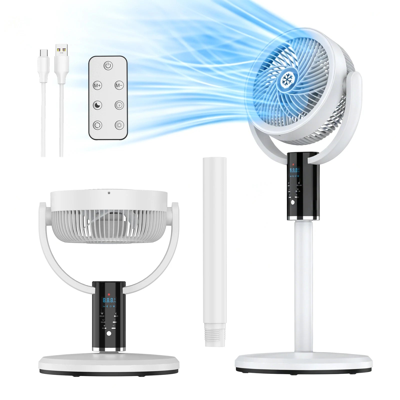 Rechargeable Pedestal Fan 6000mAh USB-C 8 Speeds LED Display Remote Control - UK