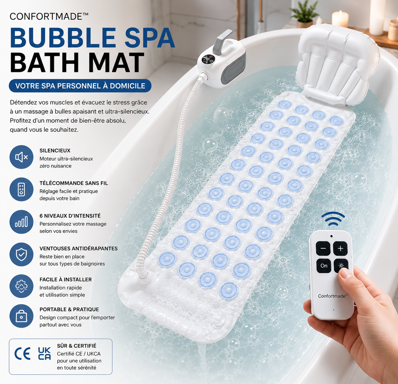 Bubble Spa Bath Mat – Silent Wireless Bubble Massage System with Remote Control