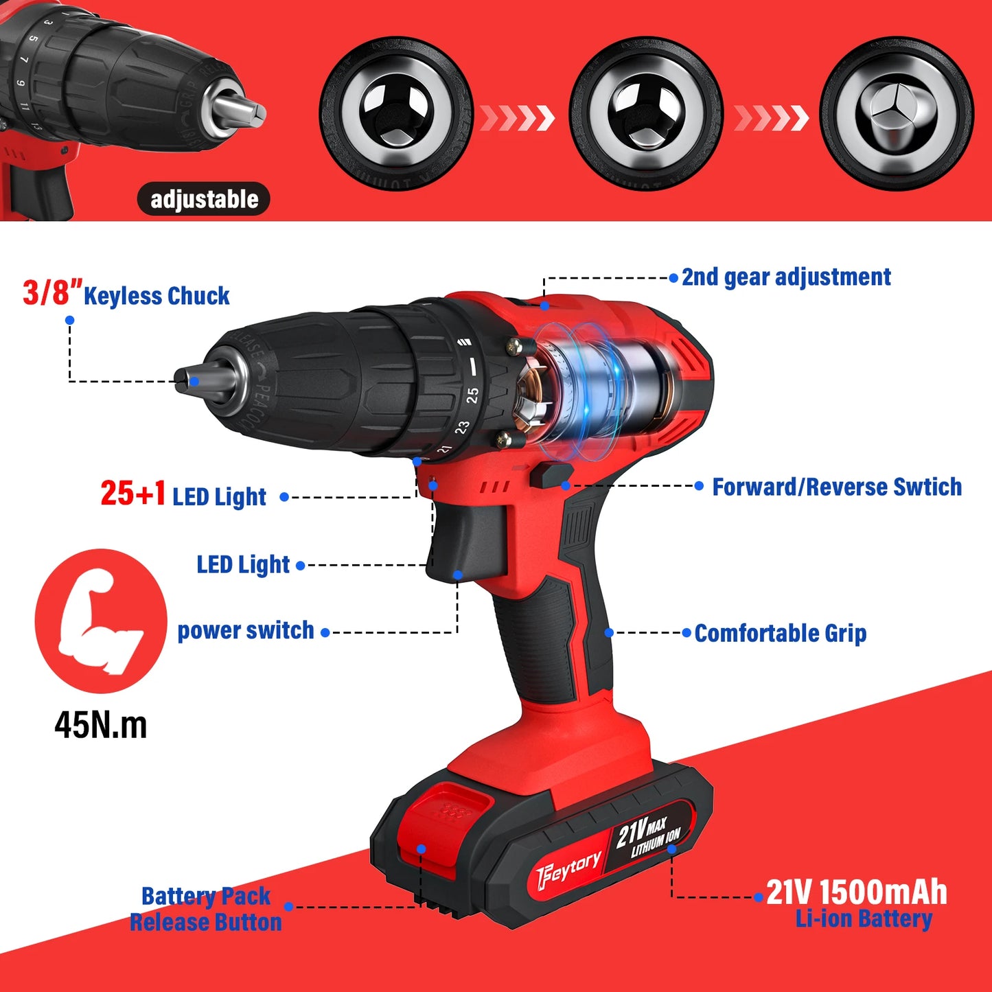 21V Cordless Drill Kit | 45Nm | 29-Piece Set | LED Light | Home DIY