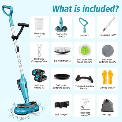 600RPM Cordless Electric Mop | Battery Powered Floor Scrubber | Spray & LED