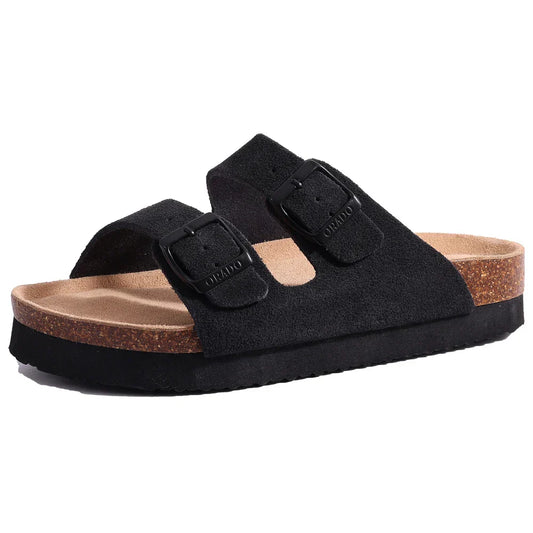 Women’s Open Toe Cork Sandals - Adjustable Buckle, Suede Flat Slippers