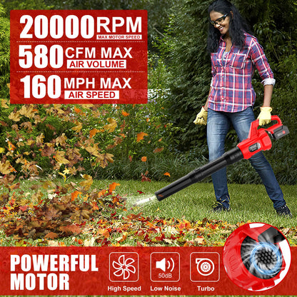 21V Cordless Leaf Blower 580CFM | Dual Battery & Charger | Garden Patio Lawn