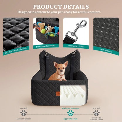 Memory Foam Dog Car Seat | Non-Slip Pet Booster Bed | Safety Belt & Storage