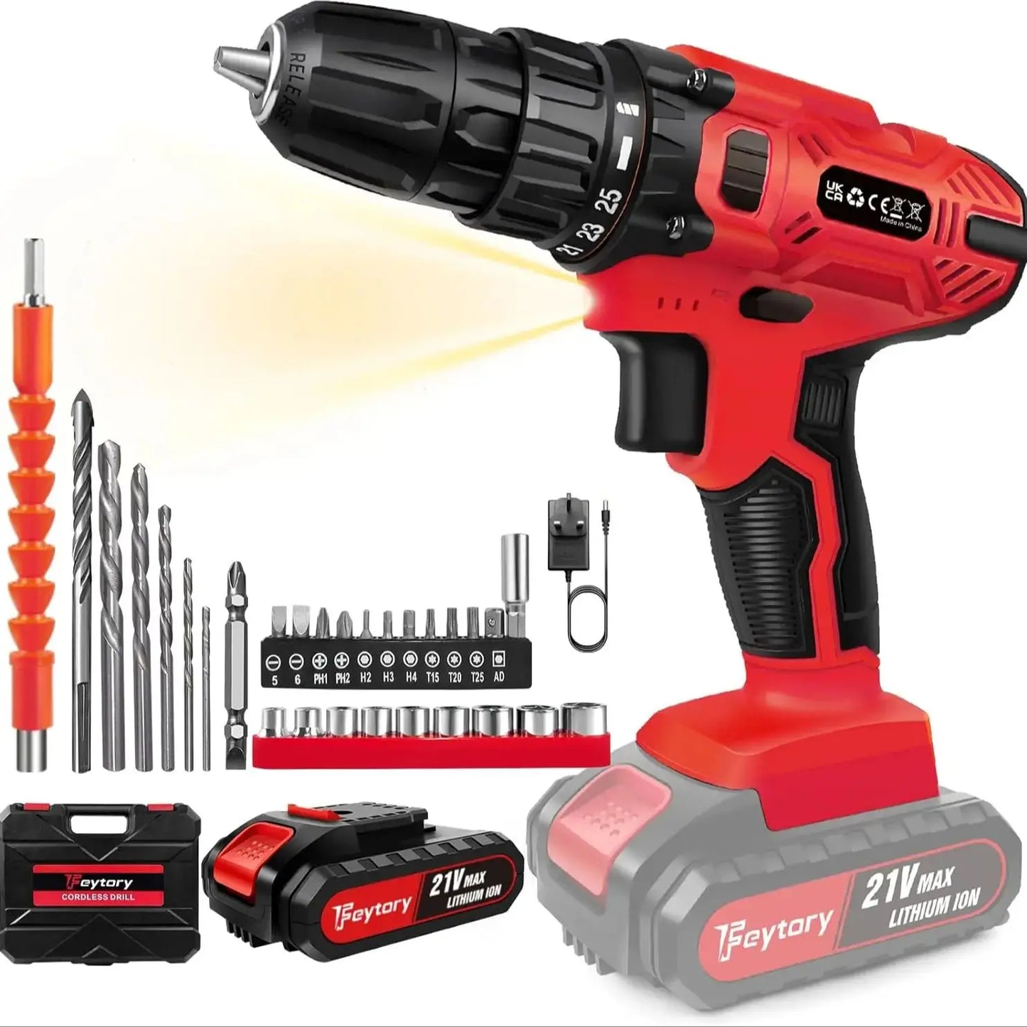 21V Cordless Drill Kit | 45Nm | 29-Piece Set | LED Light | Home DIY
