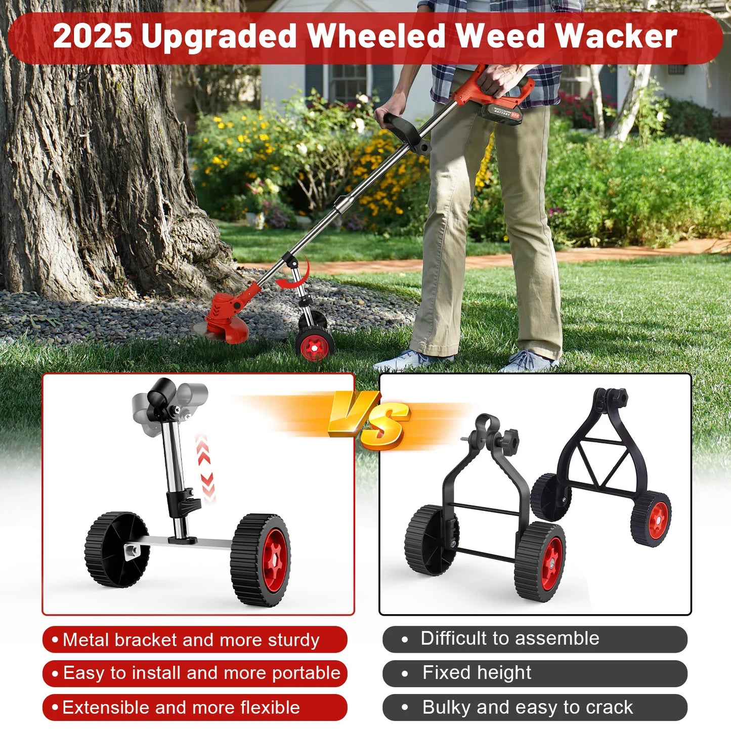 Cordless Garden Strimmer | Adjustable Wheeled Grass Cutter | 2 Batteries