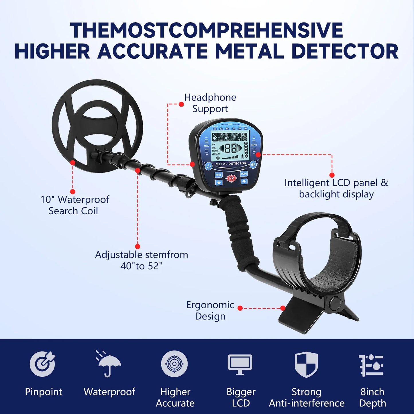 Metal Detector for Adults | 5 Modes | 10-inch Waterproof Coil | Gold Finder