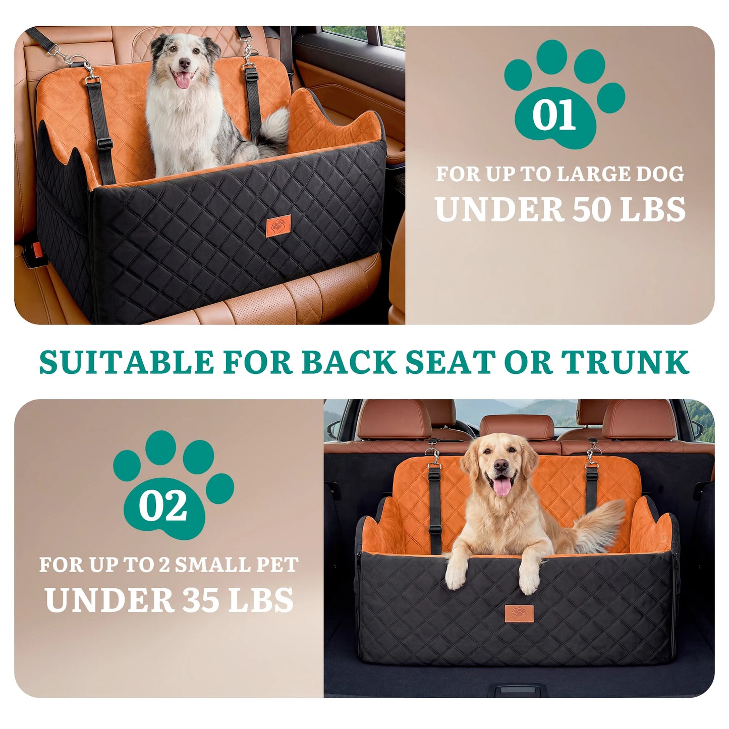 Large Dog Car Seat Booster | Memory Foam Pet Travel Bed | Non-Slip Safety Belt