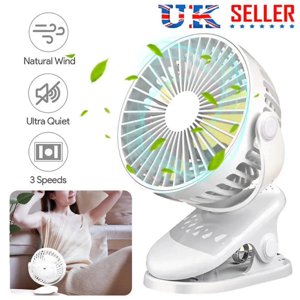 Clip On Fan USB Rechargeable 360 Rotation 3 Speeds Desk Pram Camping - UK