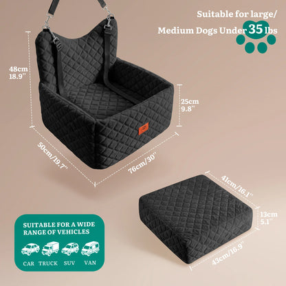Memory Foam Dog Car Seat | Non-Slip Pet Booster Bed | Safety Belt & Storage