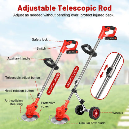 Cordless Garden Strimmer | Adjustable Wheeled Grass Cutter | 2 Batteries