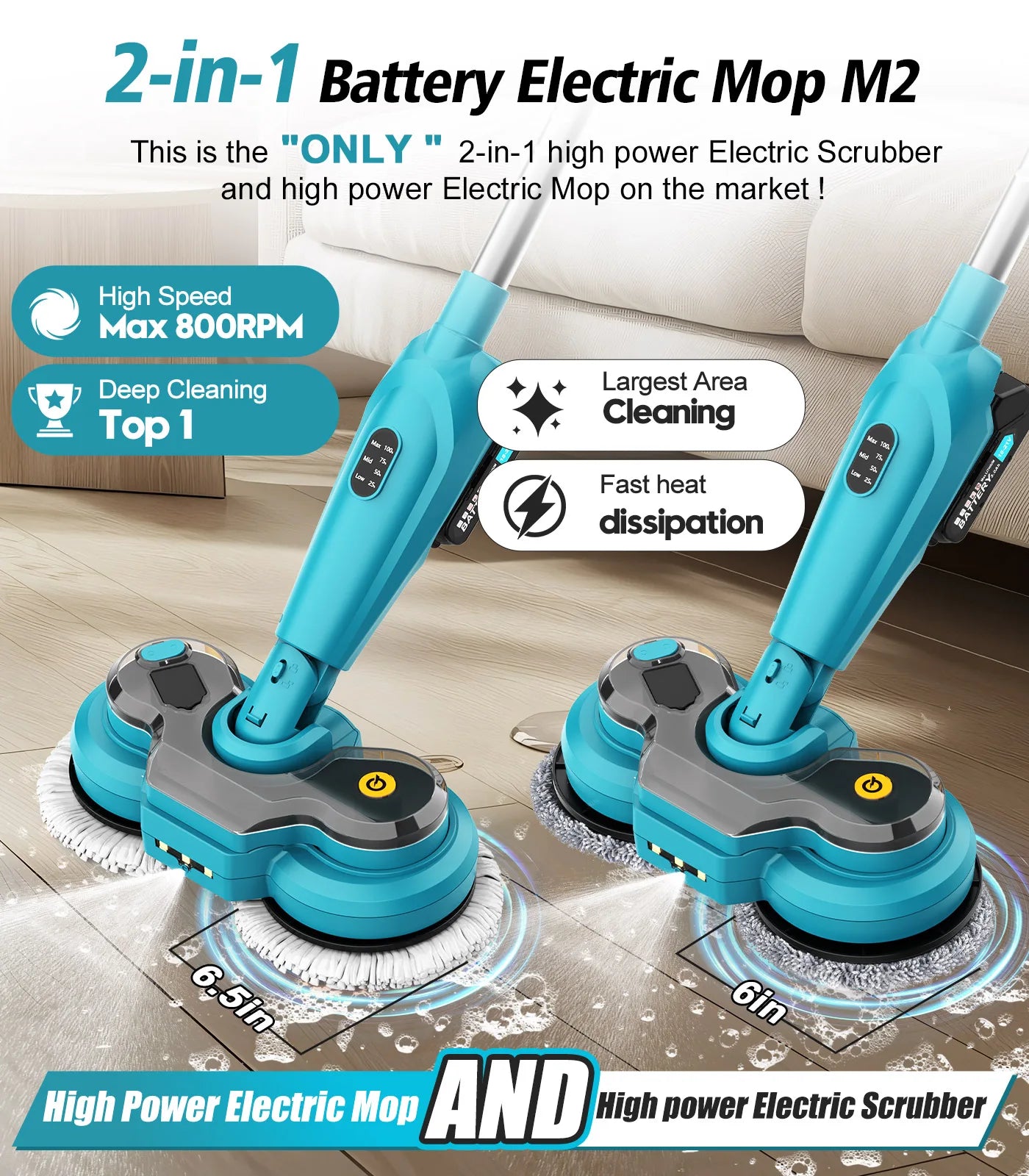 600RPM Cordless Electric Mop | Battery Powered Floor Scrubber | Spray & LED