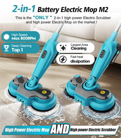 600RPM Cordless Electric Mop | Battery Powered Floor Scrubber | Spray & LED