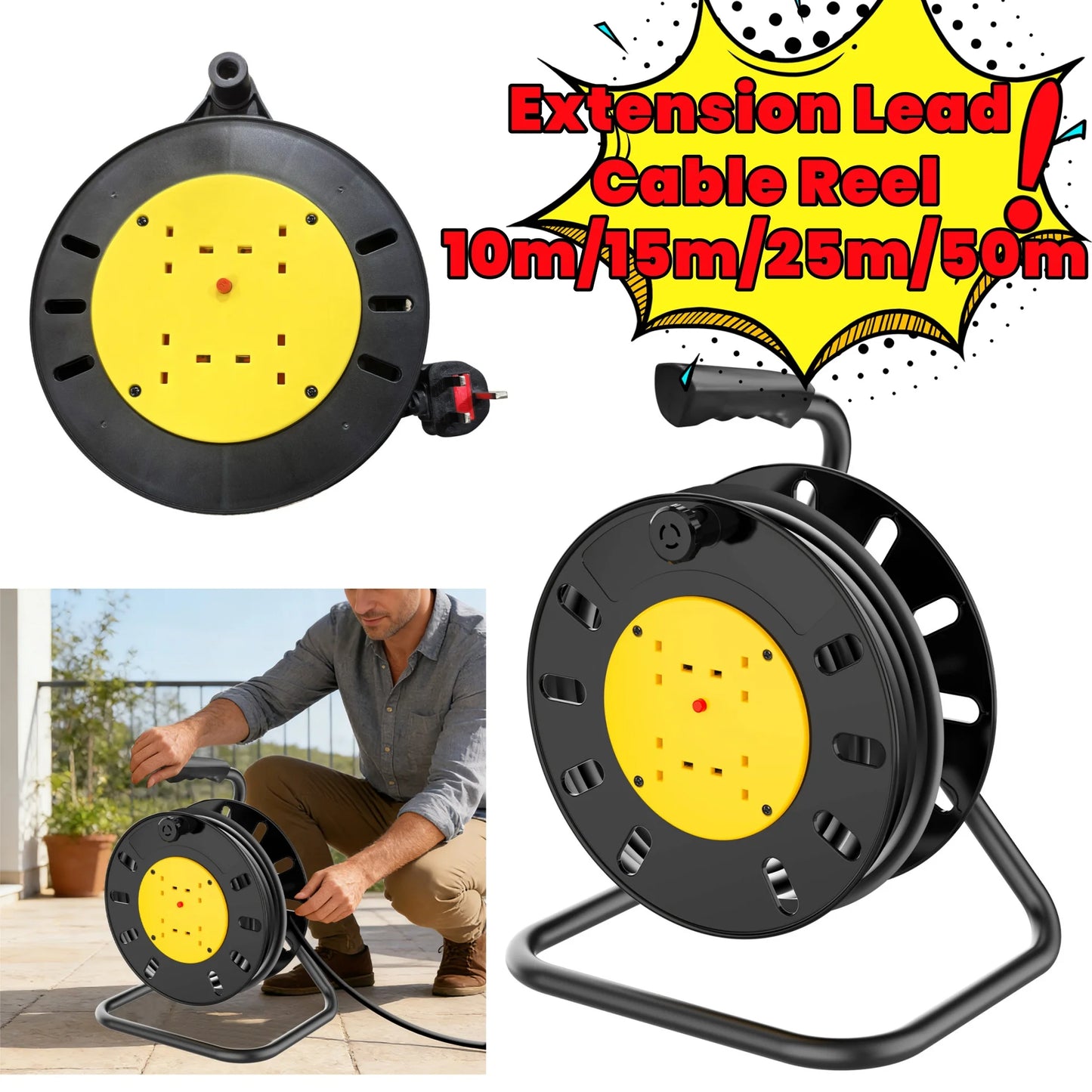 Extension Lead Cable Reel | 10m-50m | 4 Sockets | Thermal Cut-Out | UK Plug