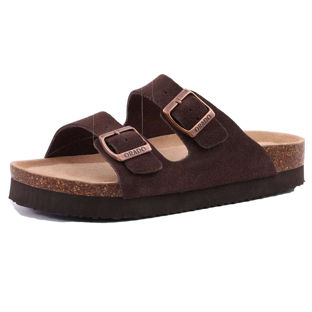 Women’s Open Toe Cork Sandals - Adjustable Buckle, Suede Flat Slippers