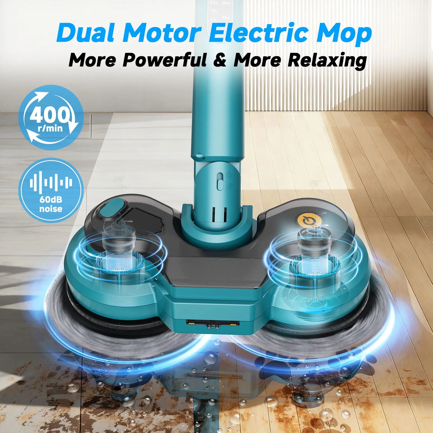 600RPM Cordless Electric Mop | Battery Powered Floor Scrubber | Spray & LED
