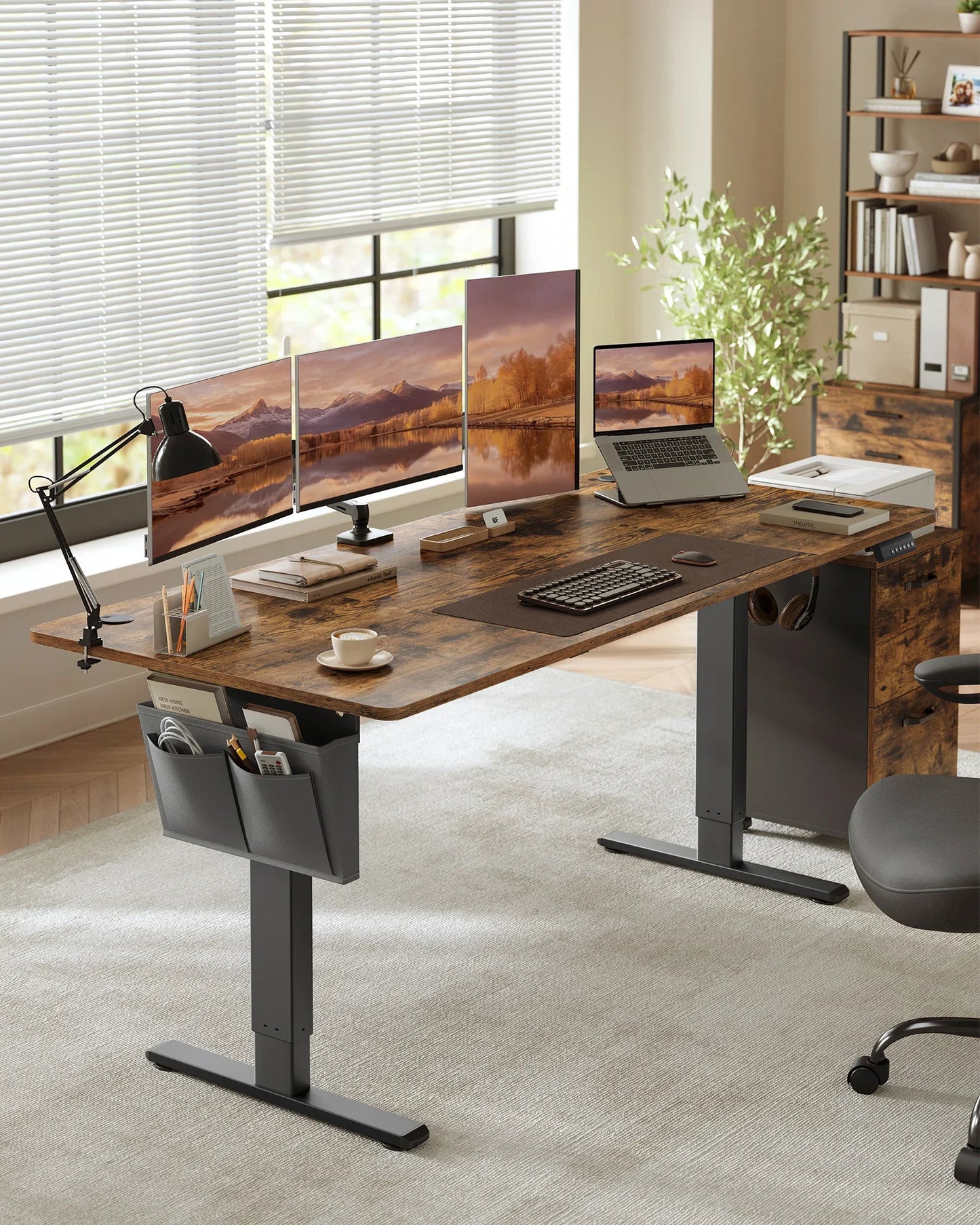 Electric Height Adjustable Standing Desk with Storage Pocket & Hooks, 120cm Workstation for Home Office