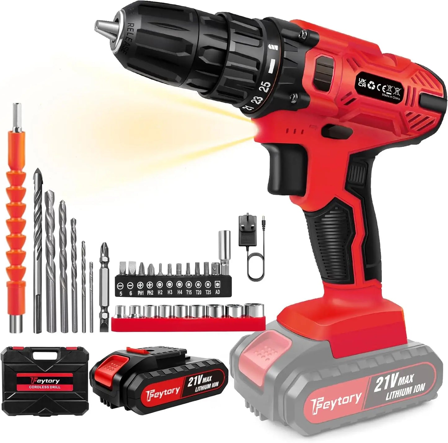 21V Cordless Drill Kit | 45Nm | 29-Piece Set | LED Light | Home DIY