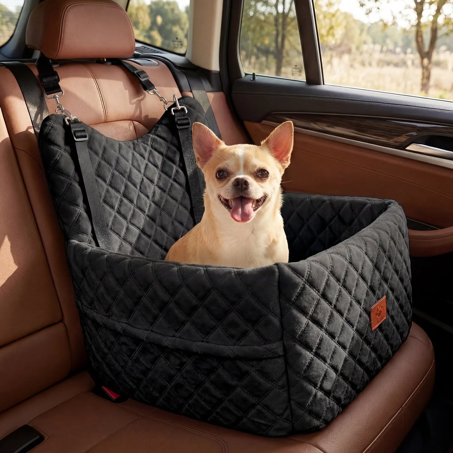 Memory Foam Dog Car Seat | Non-Slip Pet Booster Bed | Safety Belt & Storage