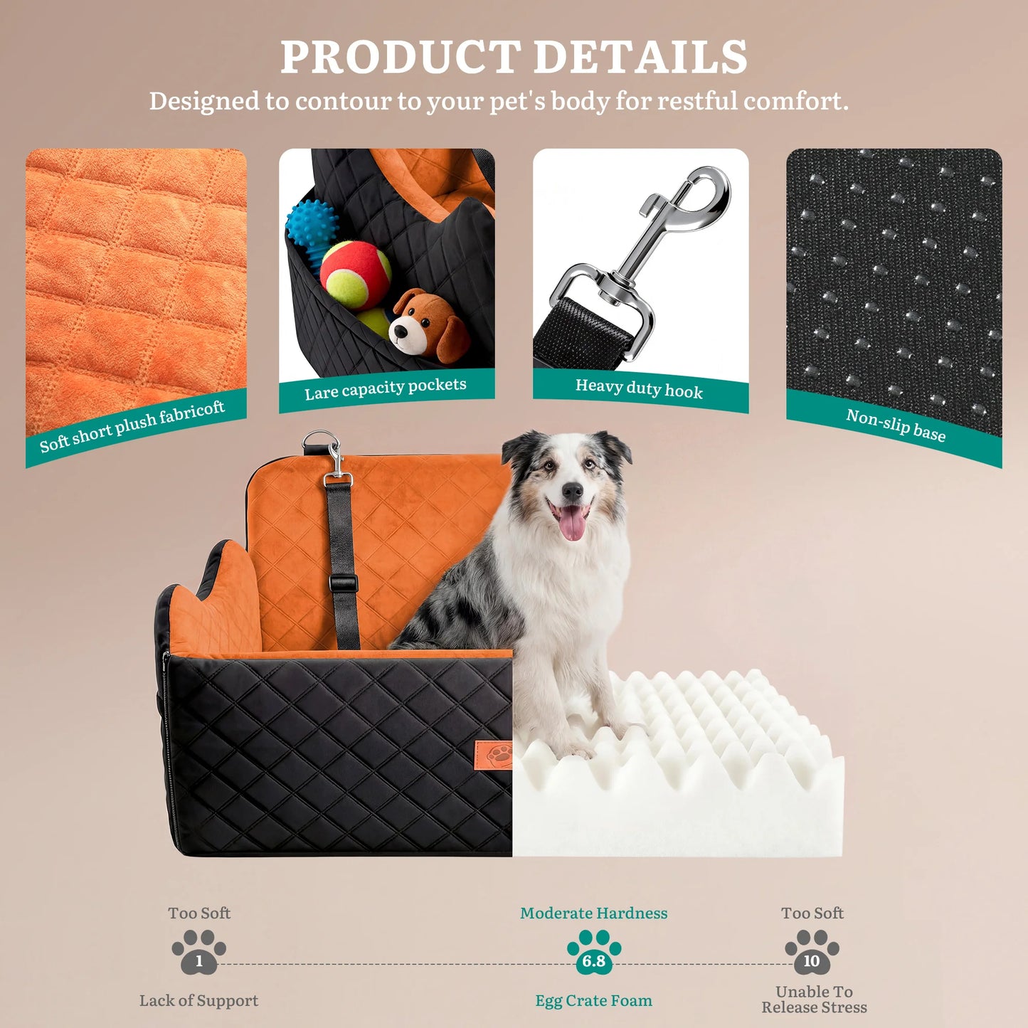 Large Dog Car Seat Booster | Memory Foam Pet Travel Bed | Non-Slip Safety Belt