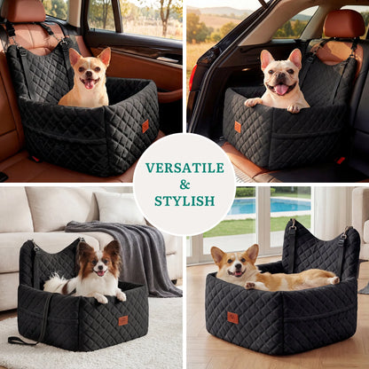 Memory Foam Dog Car Seat | Non-Slip Pet Booster Bed | Safety Belt & Storage