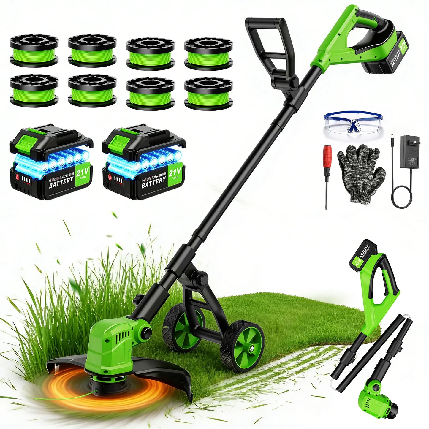21V Cordless Grass Trimmer | 14-inch Cut | 2-in-1 Lawn Edger | Dual Battery