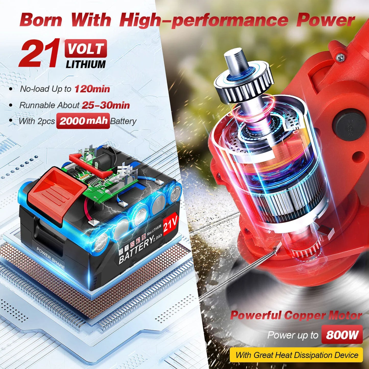 21V Cordless Strimmer | 800W Brushless | Telescopic | Metal & Plastic Blades