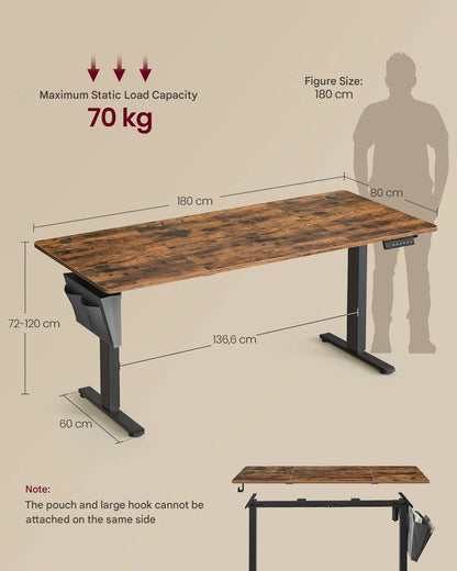 Electric Height Adjustable Standing Desk with Storage Pocket & Hooks, 120cm Workstation for Home Office