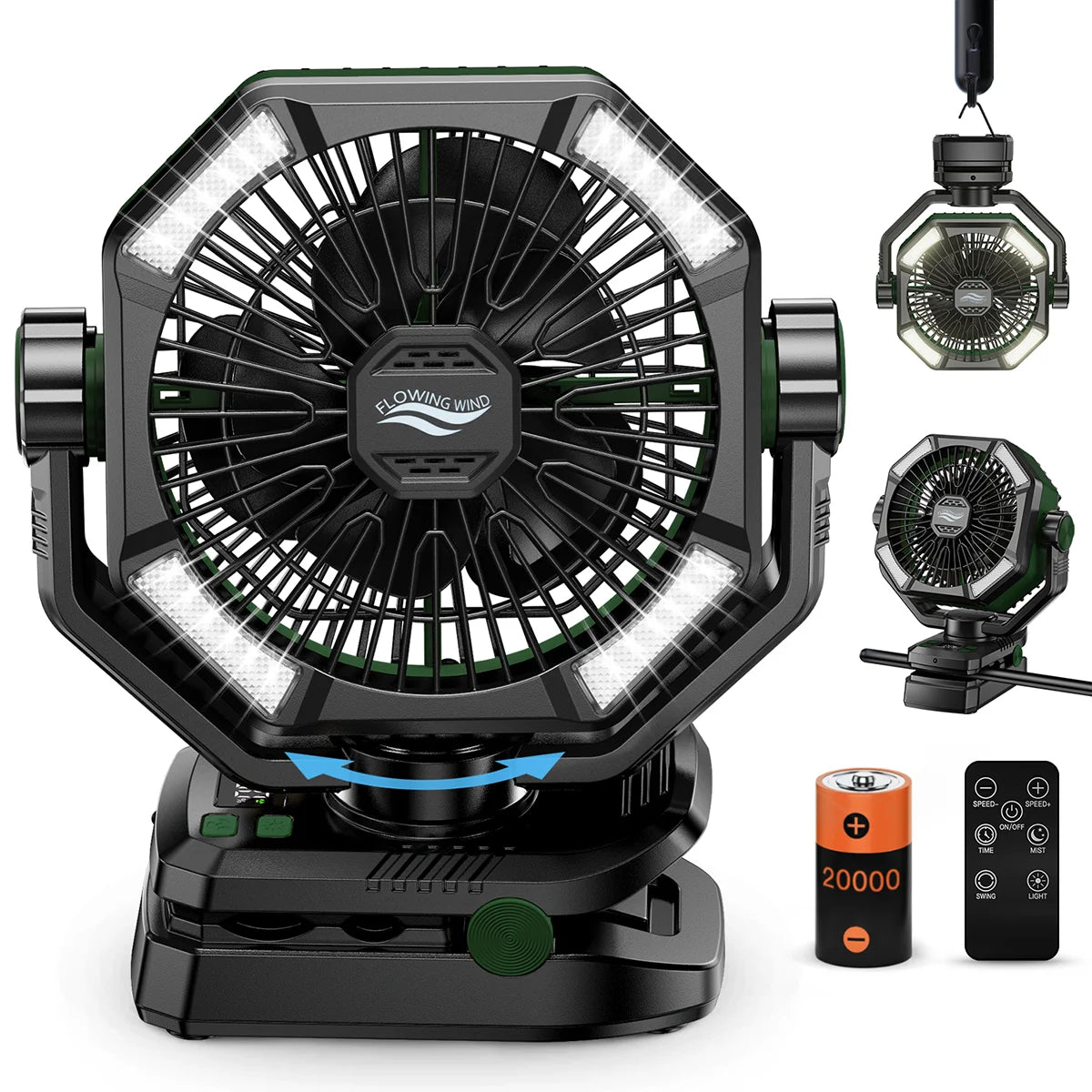 Camping Fan Rechargeable 20000mAh Clip Desk Fan LED Light 5 Speeds - UK