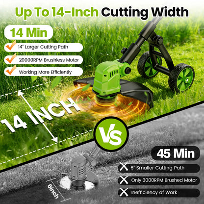 21V Cordless Grass Trimmer | 14-inch Cut | 2-in-1 Lawn Edger | Dual Battery